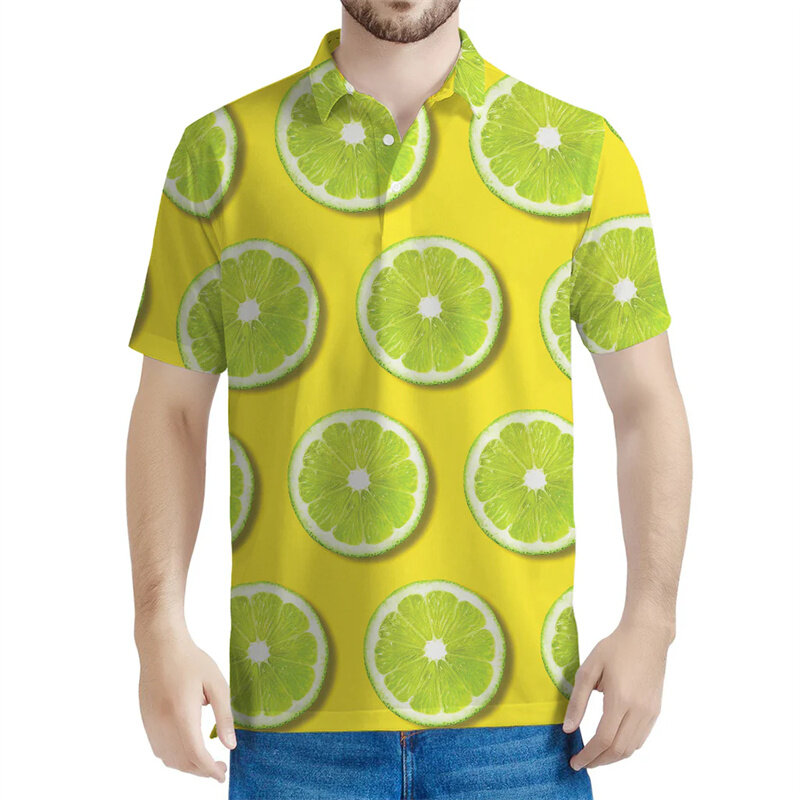 남성용 녹색 라임 슬라이스 폴로 셔츠, 3D 프린트 레몬 라펠 티, 여성용 루즈 단추 반팔, 캐주얼 여름 폴로 셔츠 상의