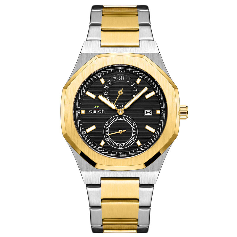 남자 육각형 시계 패치 워크 골드 컬러 시계, 비즈니스 시계 금속 석영 손목 시계