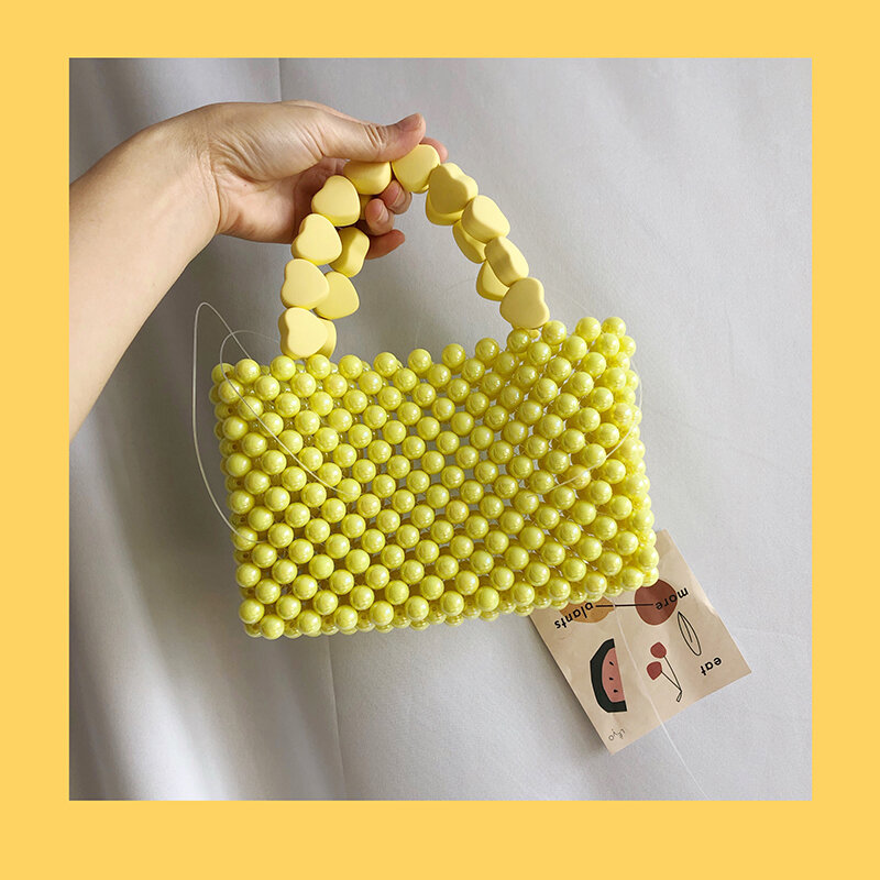 Love – sac à main transparent en Pvc, couleur unie, rose, jaune, fait à la main, féerique, pêche, cœur perlé, sac de soirée, fourre-tout