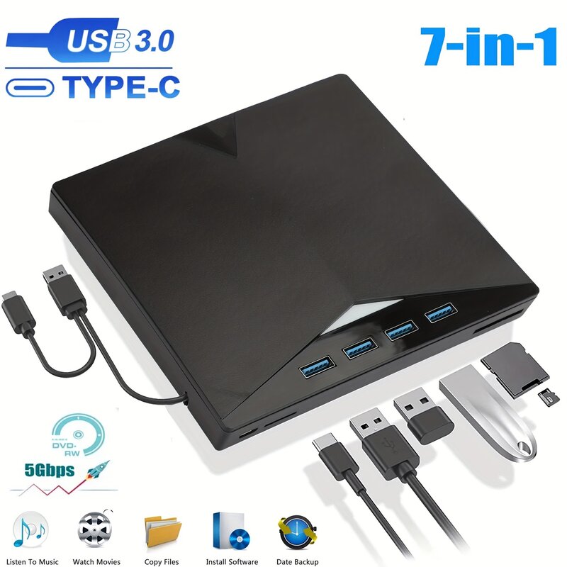 Unidade óptica externa para laptop, 7 em 1, usb 3.0, tipo c, cd, dvd, rw, queimador, player, unidade super óptica