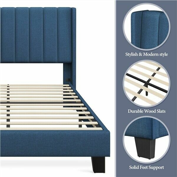 Classic Upholstered Bed Frame Mattress Foundation with Wing Edge Headboard Full