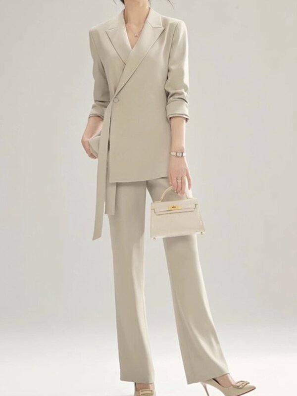 New Office Lady Solid Women Suits 2 pezzi Chic Blazer a maniche lunghe pantaloni dritti a vita alta set Vintage vestiti di moda femminile