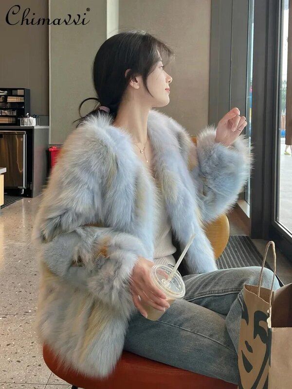 Casaco de pele de raposa de manga comprida feminino, decote em v, ajuste fino, espessado, costura, falso, inverno, comutar, estilo coreano, moda