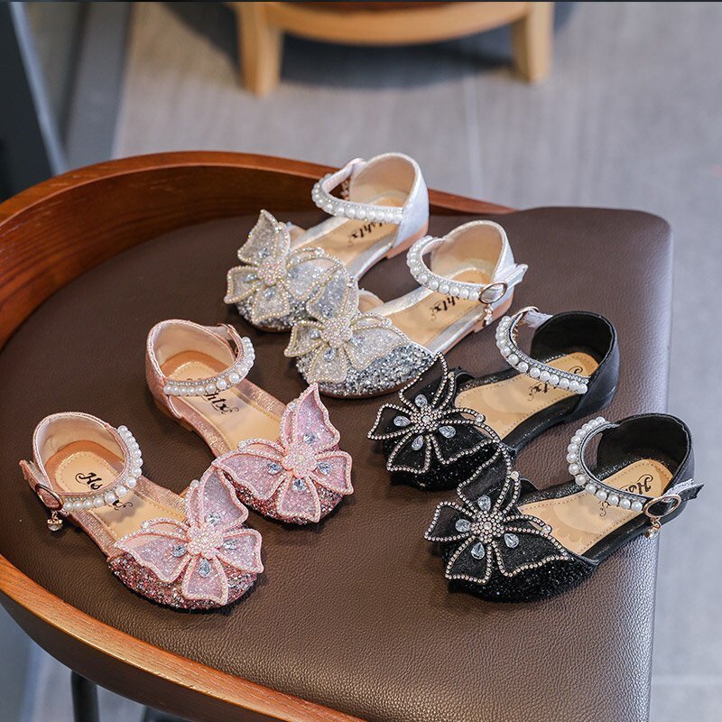 Sapatos de princesa estilo coreano feminino, sandálias infantis, arco, doce, lantejoulas, dança, desempenho, moda, verão