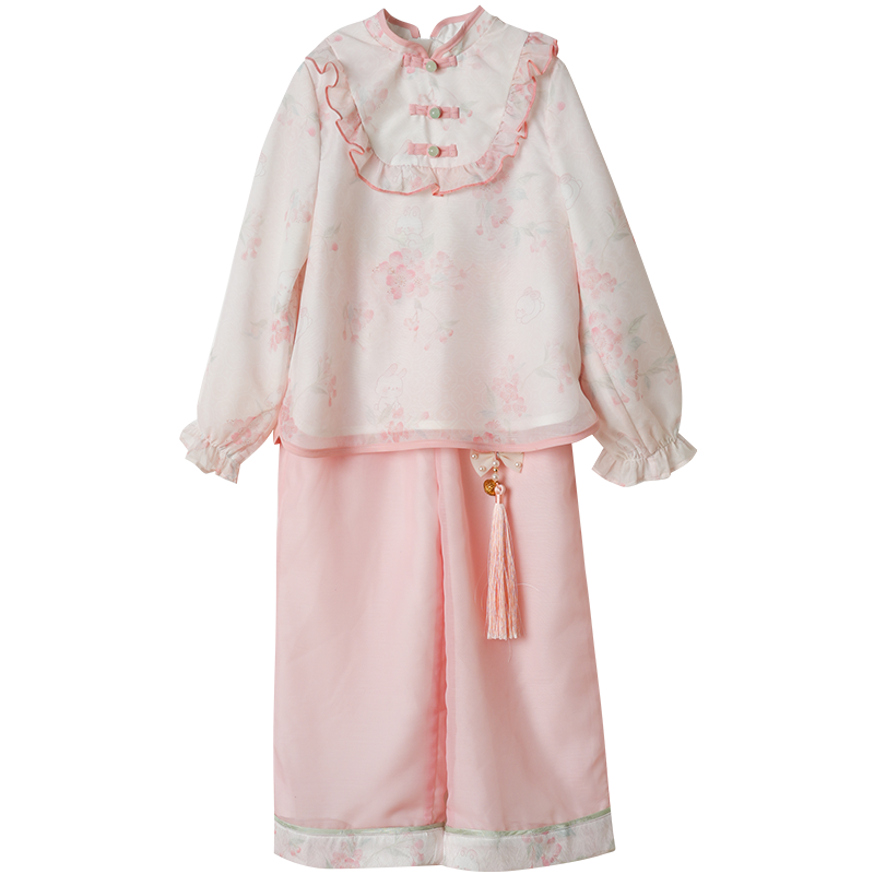 Hanfu girl spring and autumn clothing baby Chinese style pink pants set little girl ancient clothing children's improved Tang cl