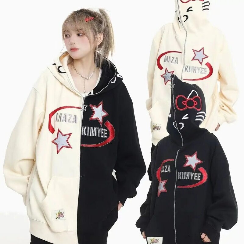 Hoodie americano bordado estrela retrô para mulheres, cardigã com zíper, jaqueta solta, moletons kpop kawaii, roupas k-pop, top anime