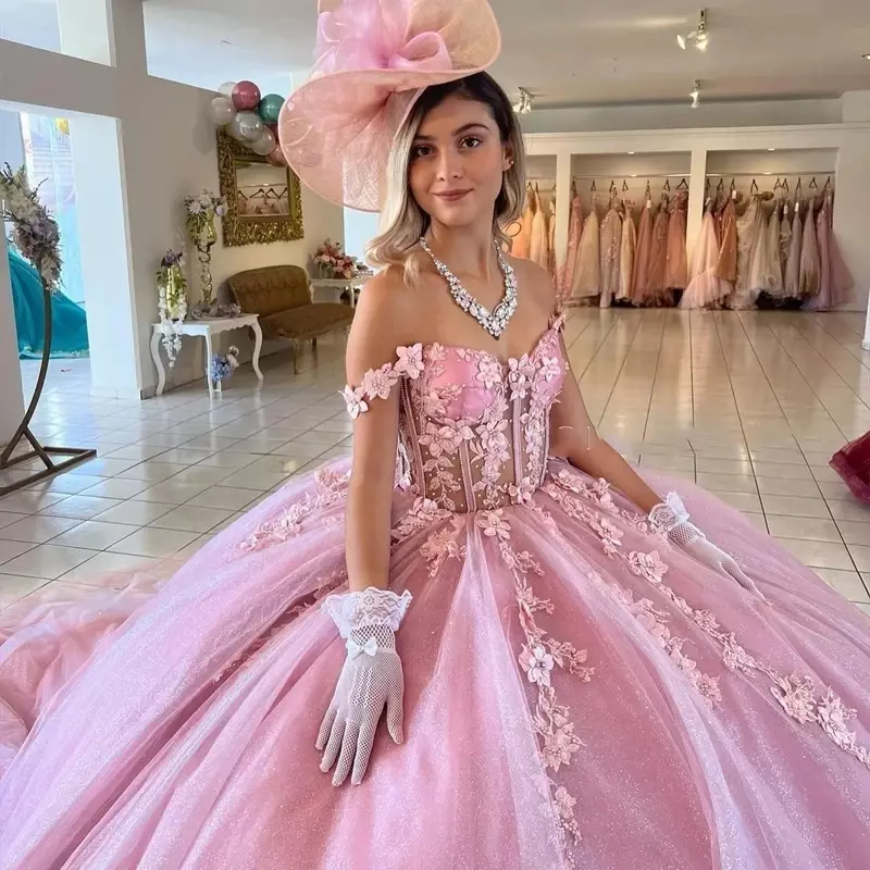 Vestidos Quinceanera com renda fora do ombro, vestidos de festa princesa, vestido de baile rosa empoeirado, apliques 15 anos