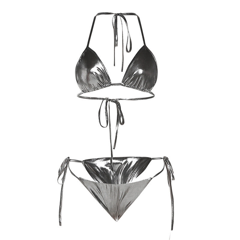 2023 сексуальный однотонный бюстгальтер из искусственной кожи с лямкой на шее, купальник из 2 предметов, подходящие комплекты бикини, женская одежда Y2K