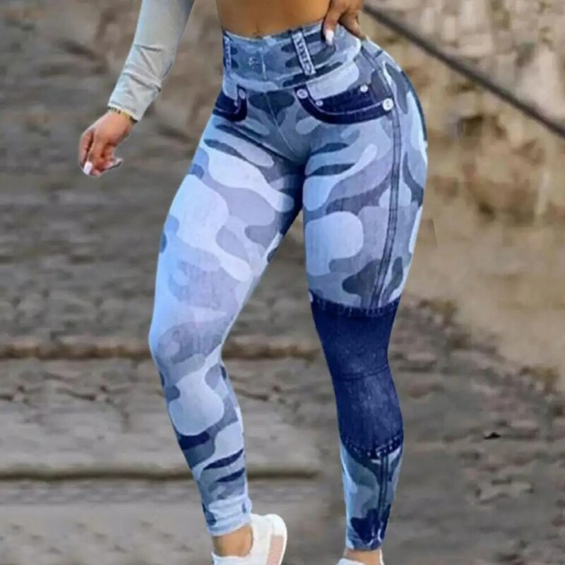 Sztuczny jeans Jean legginsy damskie spodnie kamuflaż bez szwu wysokiej talii Skinny legginsy spodnie Camo jogi spodnie do ćwiczeń pantalones