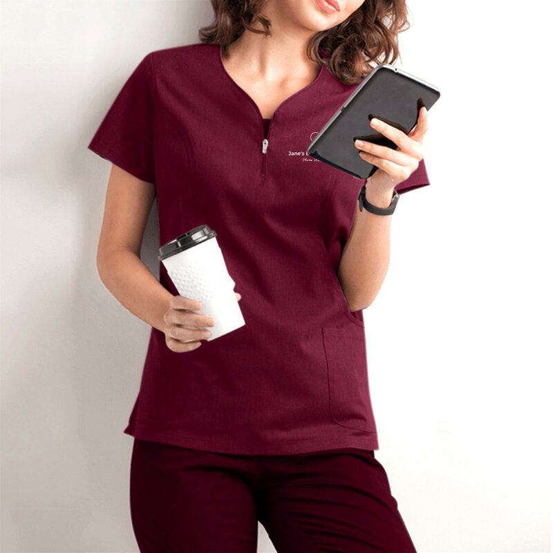 Healthcare Nurse Tunic Women Solid Pocket Scrub Tops Short Sleeve Blouse Beauty Salon Overalls Carer Uniforms For Women