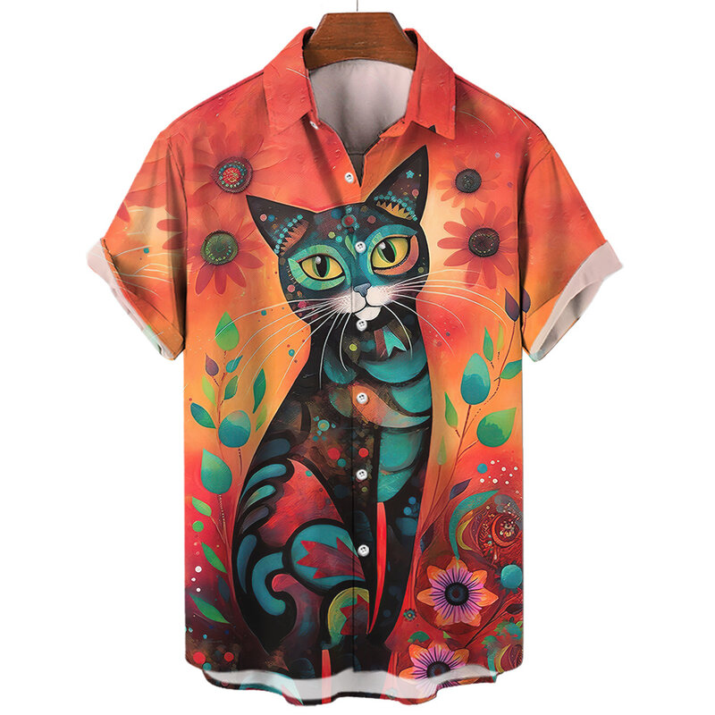 Camisa com estampa de gato havaiano masculina, manga curta, camisa grande solta, estampa abstrata, blusa de praia de verão, casual, verão, 2024