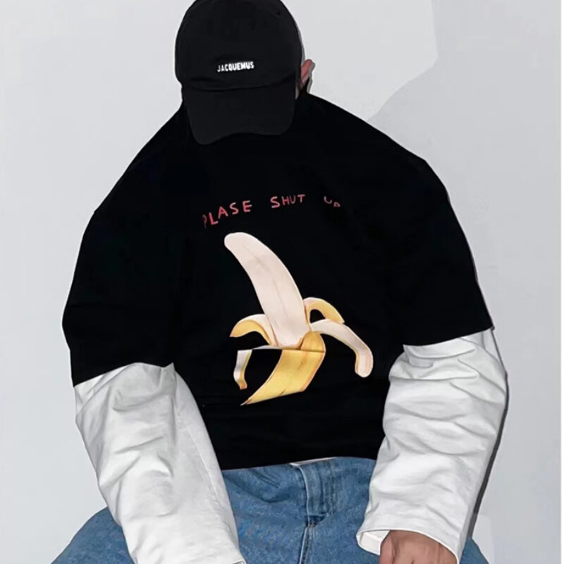 2024 summer Korean style personalized banana fun pattern short sleeved T shirt trendy retro men y2k couple ins half sleeved top