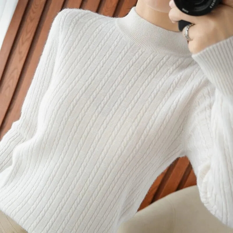 Sweater rajut wanita, baju Sweater kasmir ramping lembut leher tinggi, kaus polos musim dingin