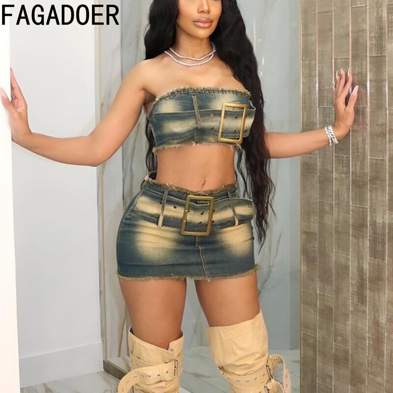 Fagadeer Fashion Retro Distress Y2K Denim Streetwear wanita tanpa lengan Backless Tube dan sabuk Mini rok koboi dua potong set