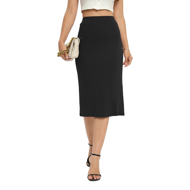 Women Midi Pencil Basic Skirt Casual Solid Split Side Stretchy Ribbed Knit Bodycon Mid Length Skirts