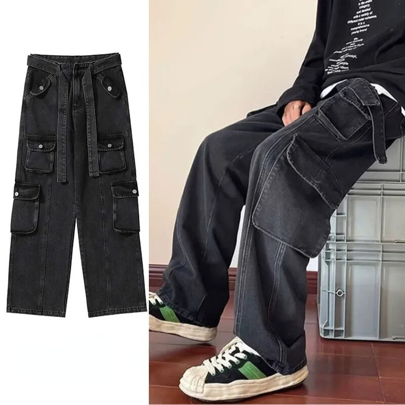 Multi Pocket Washed Jeans Loose Retro Pants Baggy Jeans High Street New America Cargo Pants Y2k Clothes Men Jeans
