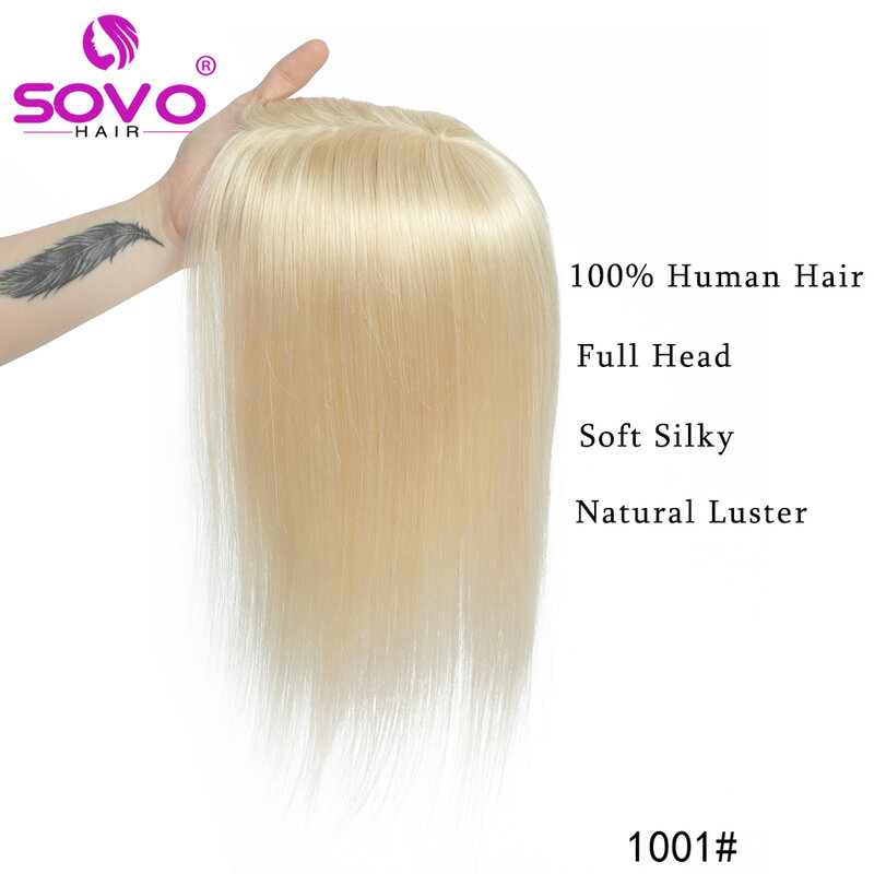 SOVO Women's Hair Topper with Clips 100% Remy Human Hair Toppers for Thin Hair Natural Color Clip In One Piece Hair Extensions