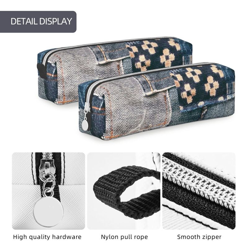 Fashion Denim Patchwork Pencil Case Pencil Pouch Pen Box for Student Big Capacity Bags Students School Zipper Stationery