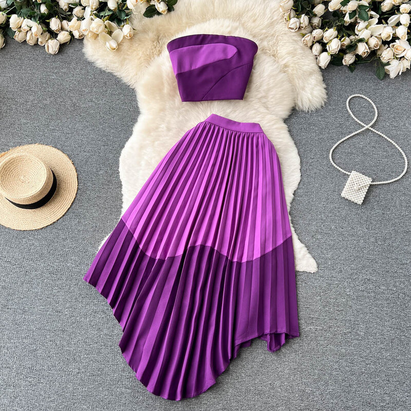 Vestido plisado Irregular para mujer, conjunto de dos piezas con una vibración giratoria, conjunto de falda de medio cuerpo, contraste de verano