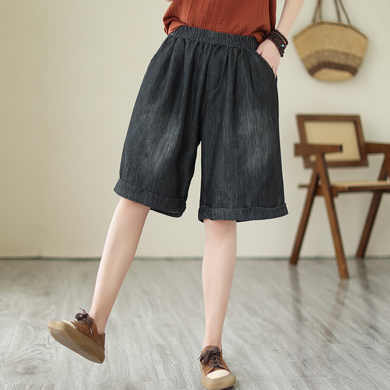 Pantalones cortos vaqueros de gran tamaño para mujer, Shorts de pierna ancha holgados con cintura elástica, color negro y azul, 2024