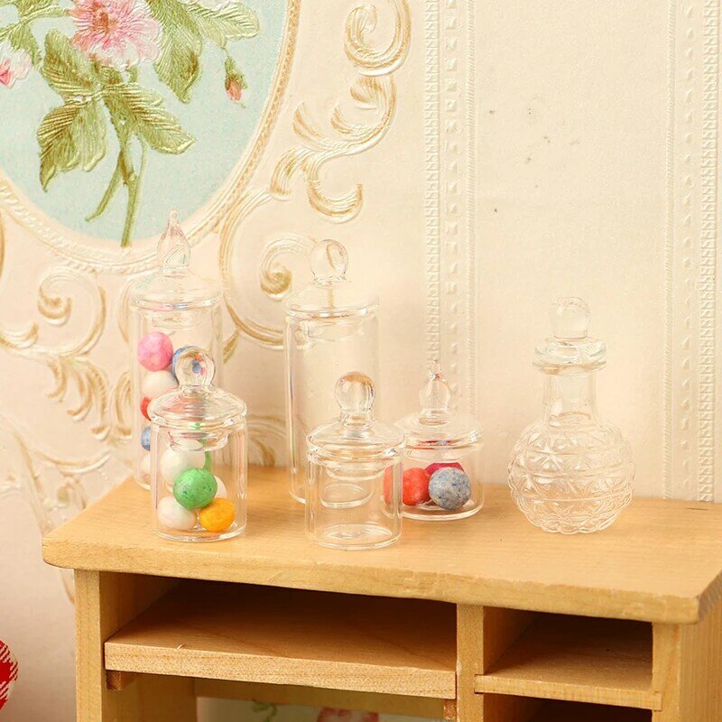 Tarro de vidrio transparente en miniatura para casa de muñecas, botella de almacenamiento de frijol de caramelo, frasco pequeño con cubierta, decoración de cocina, juguete, accesorios para casa de muñecas, 1:12