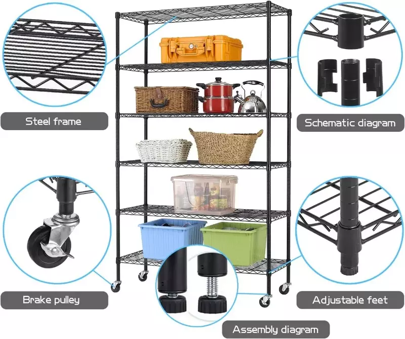 6-Tier Storage Shelf Heavy Duty Wire Shelving Unit 82"x48"x18" Height Adjustable Metal Steel Wire with Casters for Kitchen Rack