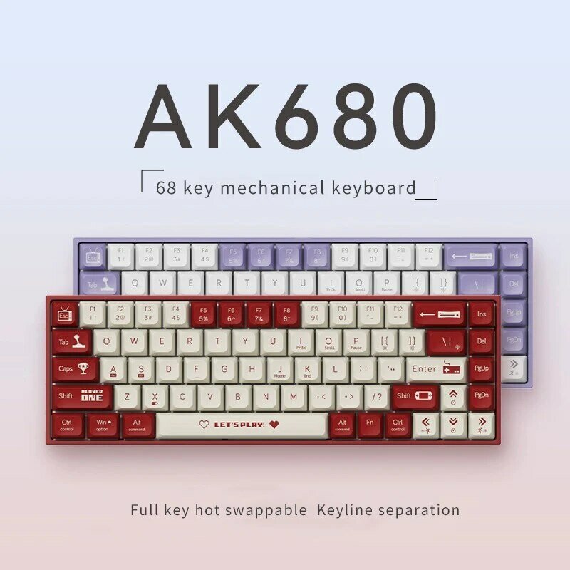 AJAZZ-AK680 Teclado mecânico com fio, Laptop compacto, chá ou eixo vermelho, 68 chaves
