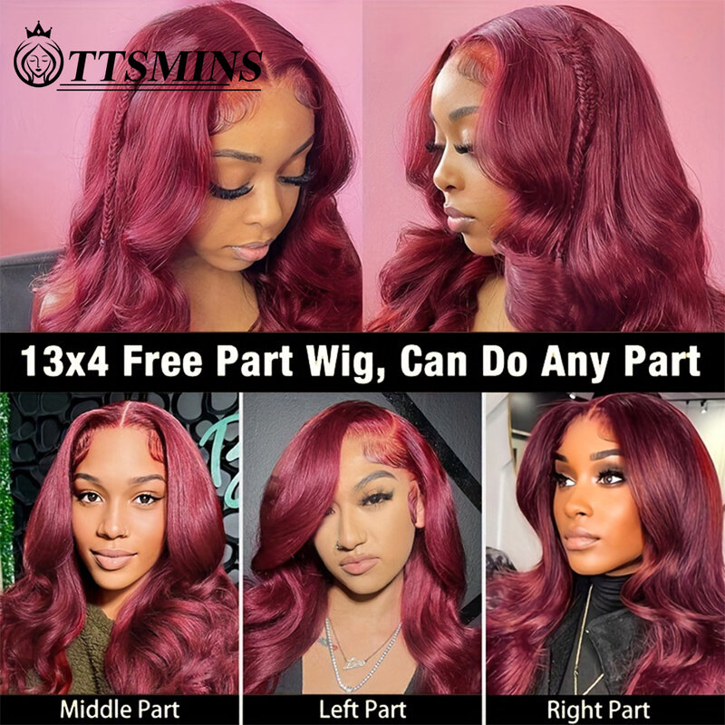 99J Red 13x4 Lace Front Human Hair Wigs Burgundy Colored Body Wave Transparent Lace Frontal Closure Wigs For Women Pre Plucked