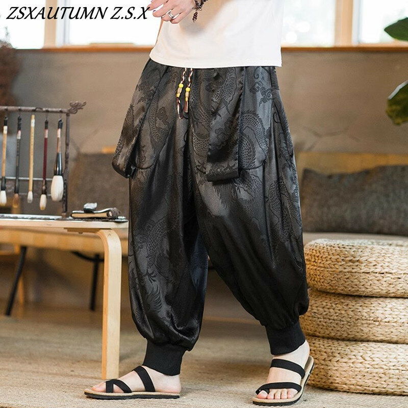 Pantaloni Harem retrò con motivo a drago da uomo in stile cinese nero pantaloni sportivi Vintage da uomo Hip-hop Street Beat Harajuku pantaloni Casual