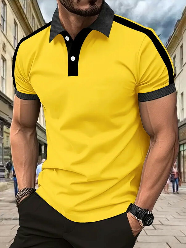 T-Shirt Polo con bottoni tinta unita nuova alla moda estiva per camicia con bottoni con risvolto alla moda da uomo abbigliamento da strada a maniche corte