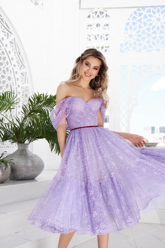 Lavanda vestido de fiesta largo por debajo de la rodilla con hombros descubiertos, vestido de baile de tul de encaje, vestidos de cóctel púrpura, vestido de niña dulce para evento
