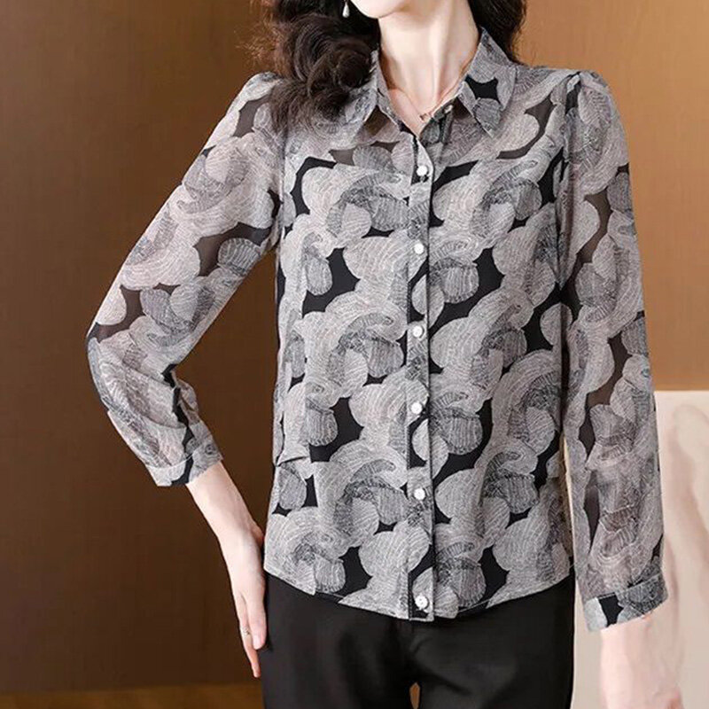 2024 New Summer Korean Style Retro Elegant Fashion Casual Office Lady Women's Shirt Irregular Button V Neck Long Sleeve Y2K Tops