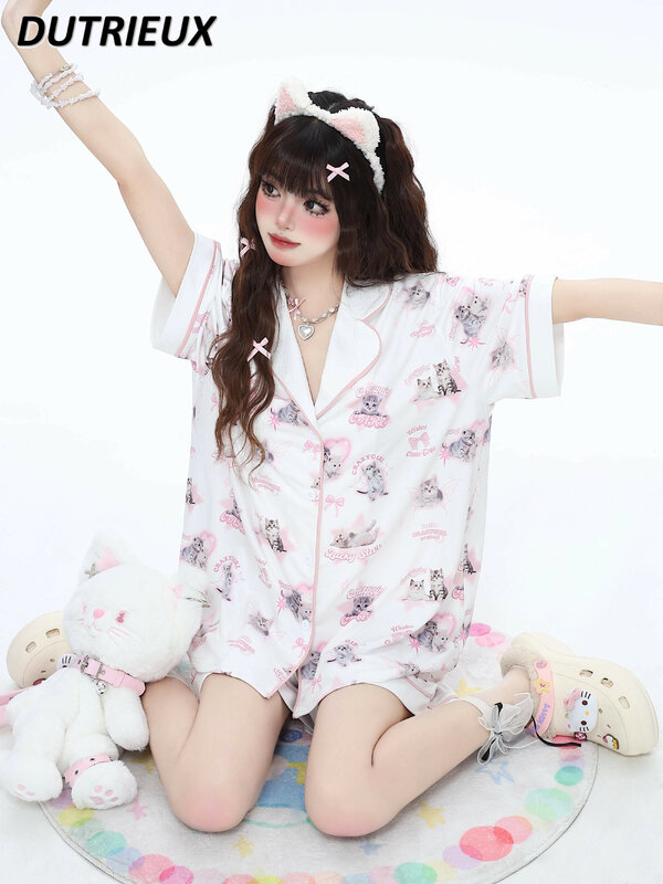 Fato de pijama confortável feminino, pijama sexy, roupa de casa solta, doce e fofo, estilo japonês, primavera e verão, conjunto 2 peças