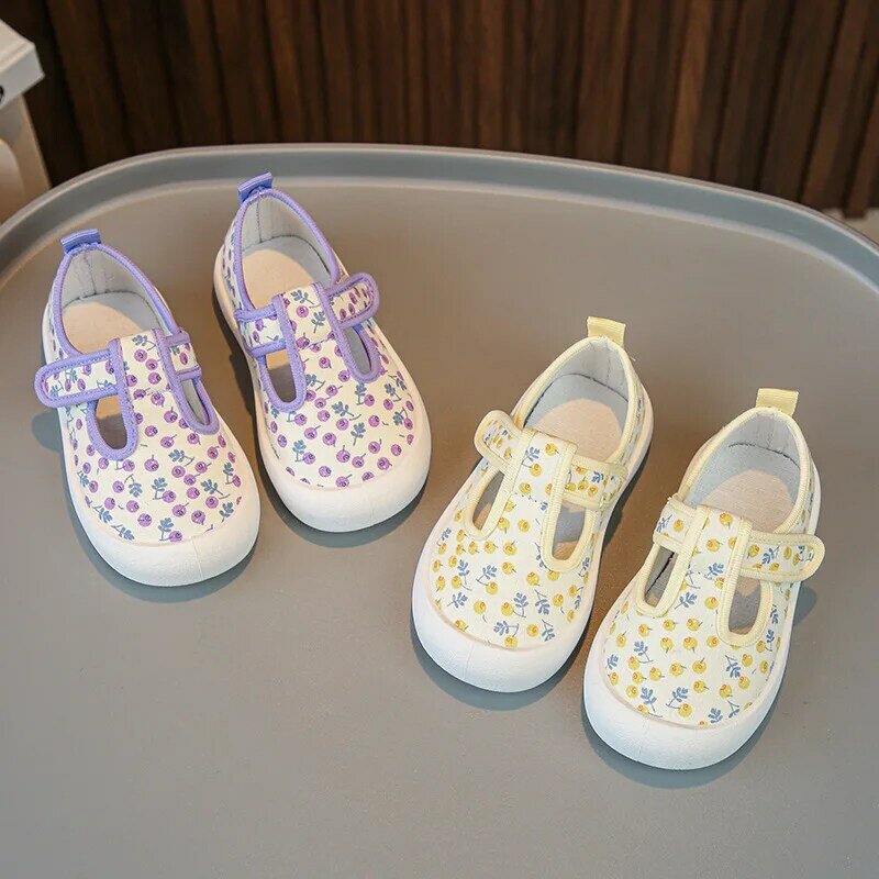 Детские парусиновые туфли для девочек, милые кроссовки на плоской подошве с цветочным принтом, Корейская дышащая повседневная обувь для начинающих ходить детей, новинка 2024