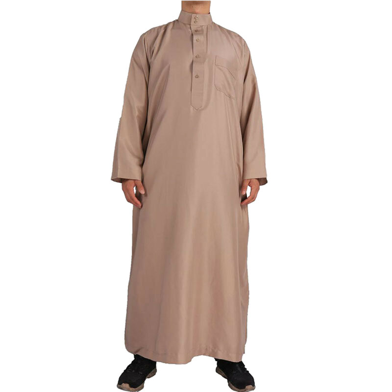 Jubah Muslim bersaku kancing kerah untuk pria, jubah lengan panjang kasual longgar bersirkulasi warna polos modis bersaku