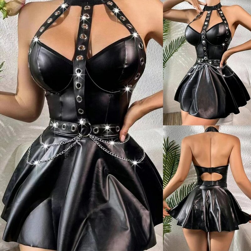 Sexy Womens Wet Look Black PU Leather Bodycon Short Dress Punk Studded Dress Night Club Party Erotic Wear Backless Lingerie