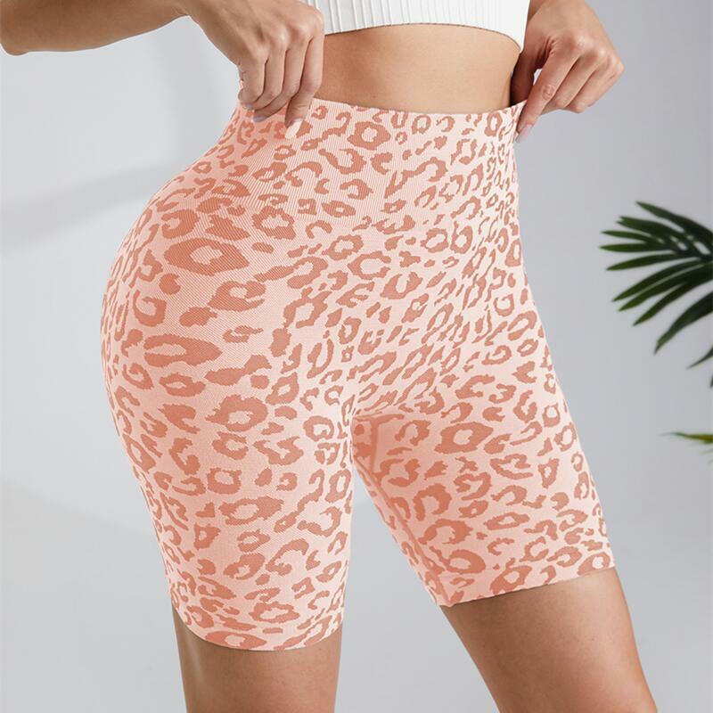Pantalones cortos de Fitness para mujer, pantalón de Yoga con estampado de leopardo, cintura alta, realce de glúteos, melocotón, Verano