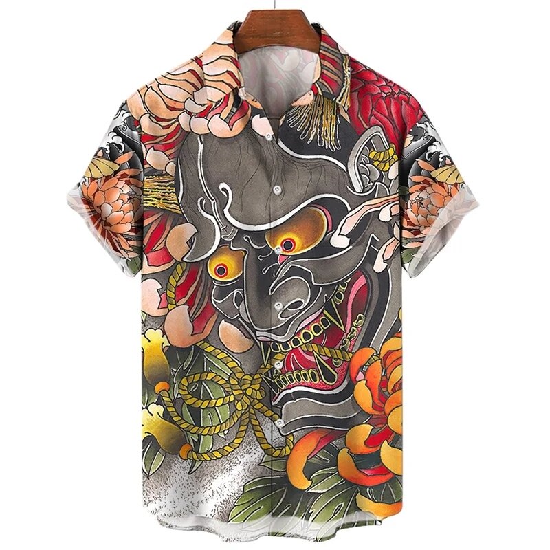 男性と女性のための日本の武士の頭蓋骨のパターンのTシャツ,3Dプリントのレトロなトップ,半袖,原宿の花の服,ヴィンテージのストリートウェア