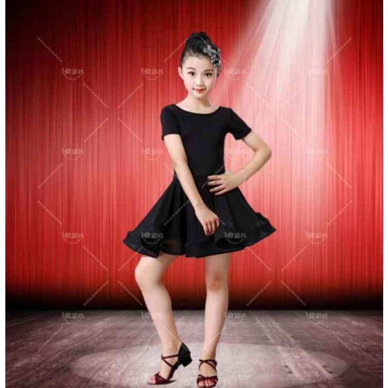 Vestido de dança latina sólida infantil, traje de salsa infantil, vestidos de tango vermelho para meninas, performance dançante, preto
