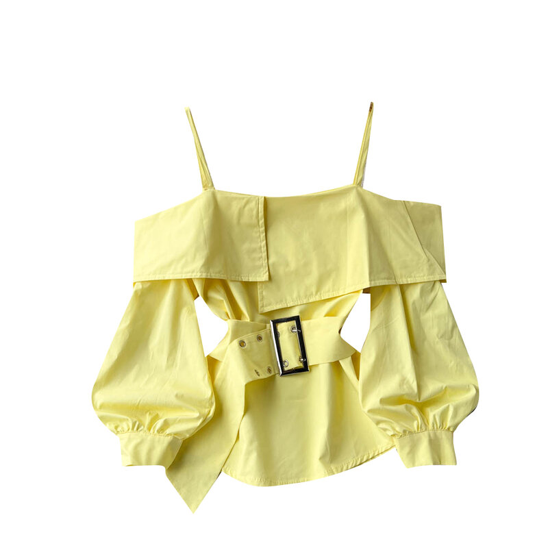 Blusa de manga abombada con cinturón para mujer, ajustada con hombros descubiertos camisola, Tops de moda, Primavera, 2023