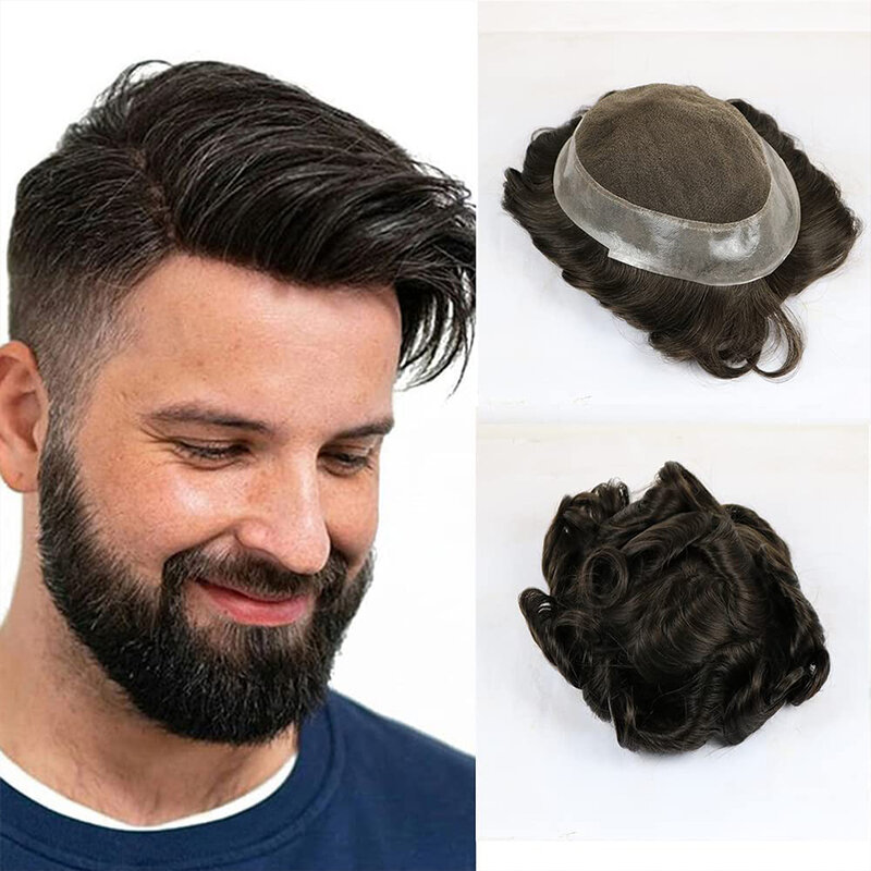 Peruka męska miękka koronkowa podstawka naturalną linią włosów System wymiany męskich włosów proteza kapilarna oddychająca peruka dla mężczyzn
