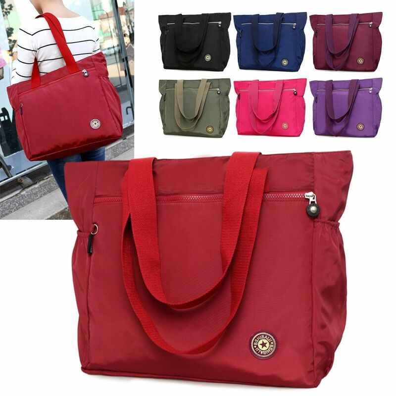 Solid Color Women Tote Bag Fashion Large Capacity Handbag Shoulder Bag Nylon Ladies Purse Pouch Shopping Bag