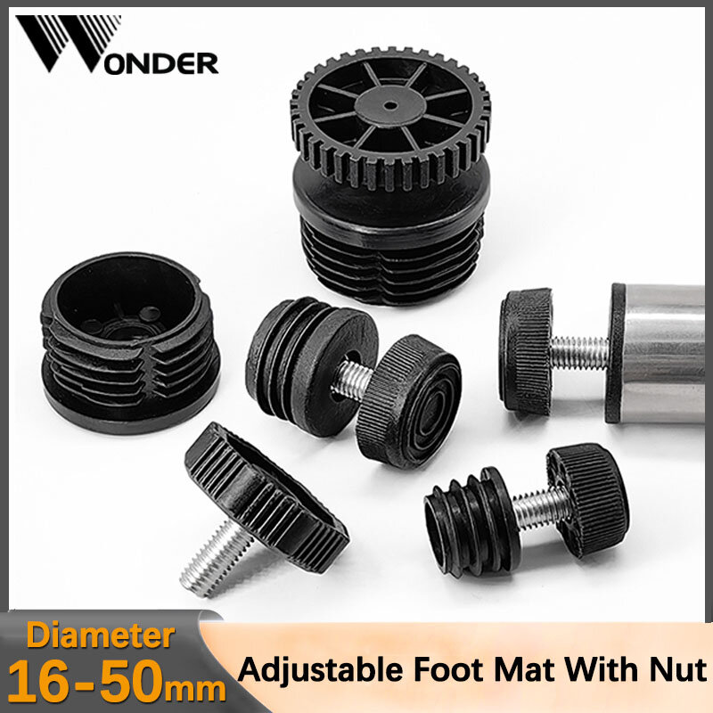 Round Adjustable Foot Mats With Nuts Pipe Plug Furniture Tube Cover Blanking End Cap Furniture Tube Cover Foot Pad Black