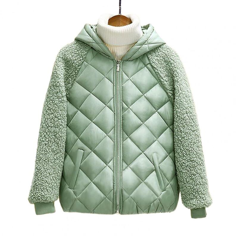 Manteau en coton à capuche pour femme avec doublure en peluche, veste patchwork à manches longues, poches, degré froid, hiver