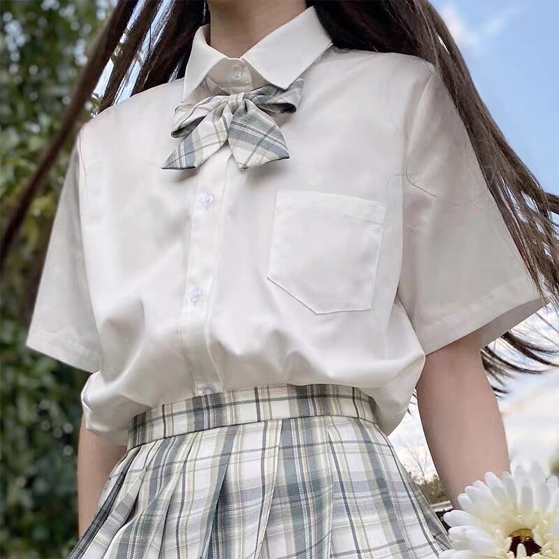 2023 kobiet białe bluzki z krótkim rękawem biała koszula lato topy Lapel stałe JK koszule koreański zwykły żeński Blusas styl Preppy