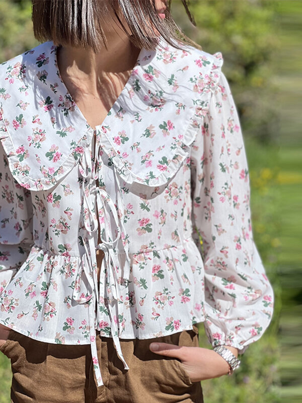 Sweet Floral Print Lace Up Women Shirts Blouses Loose Doll Collar Long Lantern Sleeve Top Female 2024 Spring Summer Streetwear