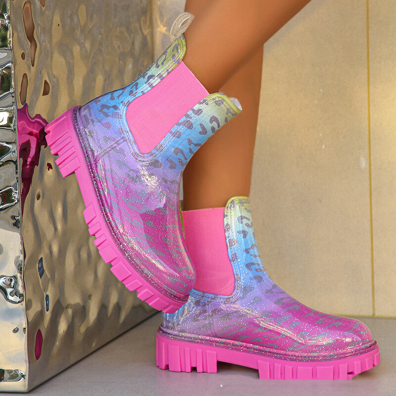 Nowe damskie buty przeciwdeszczowe w błyszczącym kolorze na zewnątrz wodoodporne botki do kostek cztery pory roku nadające się do noszenia buty do wody panie