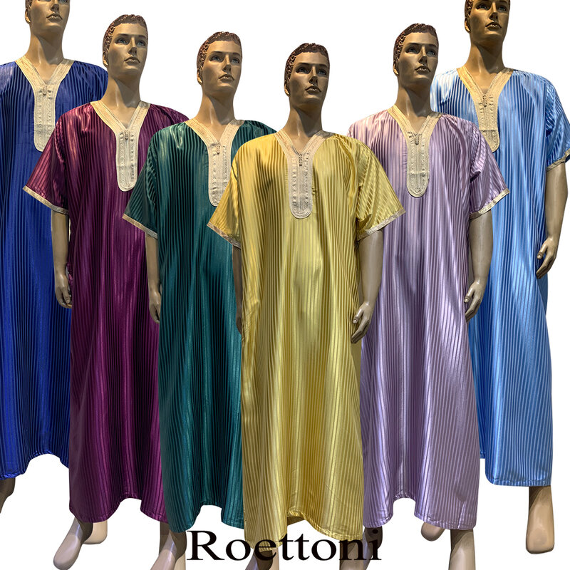 Shiny Stripe 1Piece Jubba Thobe For Men Kaftan Pakistan Muslim Saudi Arabia Djellaba Islam Clothing Prayer Robe Afghan ShortSlev
