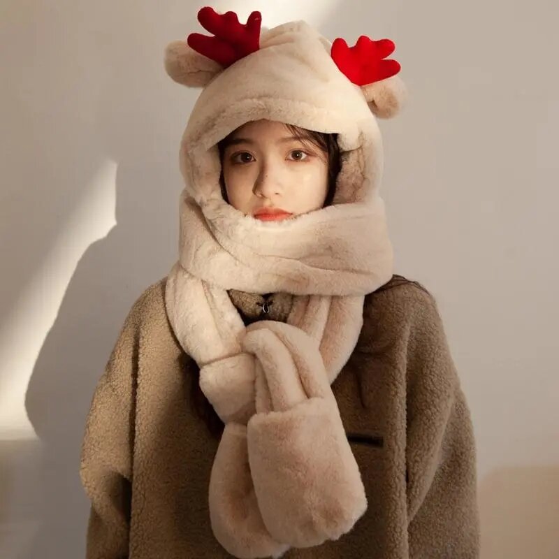 Fashion Cute Winter Warmer Velvet Hooded Scarf Hat Gloves One Piece Soft Scarves Cap Young Ladies Lovely Christmas Party Gift