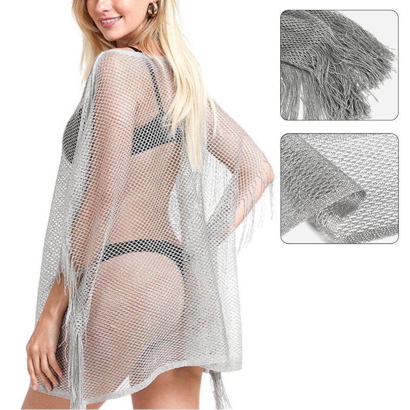 Copricostume da donna con maniche a pipistrello, abito da spiaggia in rete a rete con nappe metallizzate lucide P8DB